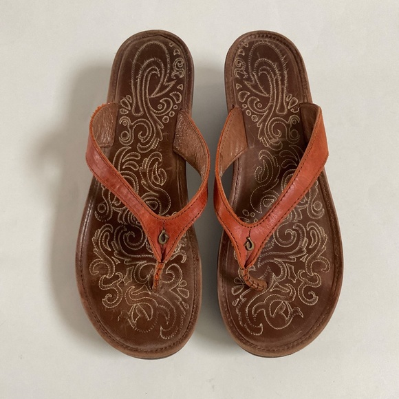 Olukai Paniolo Wedge Women’s Sz 8 Orange Brown Leather Thong Sandals - Picture 2 of 12
